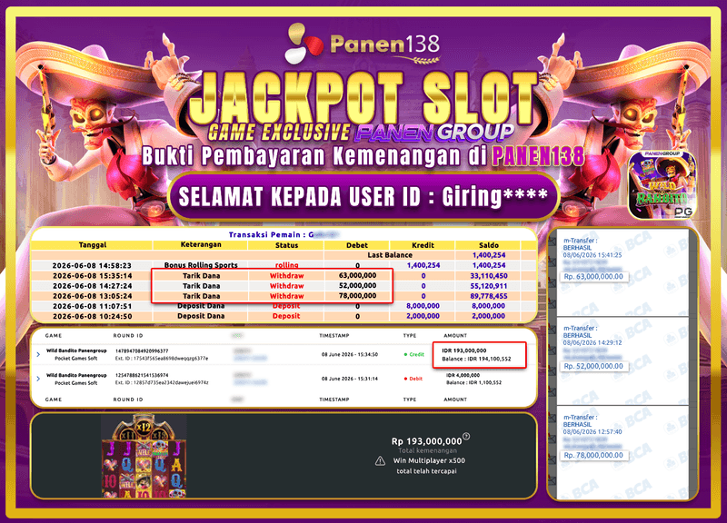 CUAN GEDE! WILD BANDITO PECAH 193 JUTA DI PANEN138!